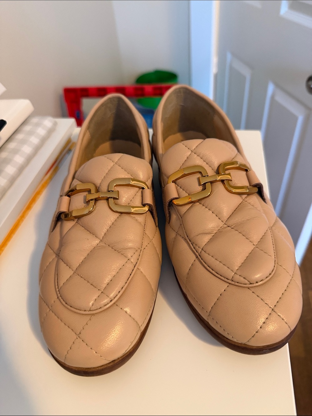 Quilted Nude Leather Loafers with Gold Bit Hardware